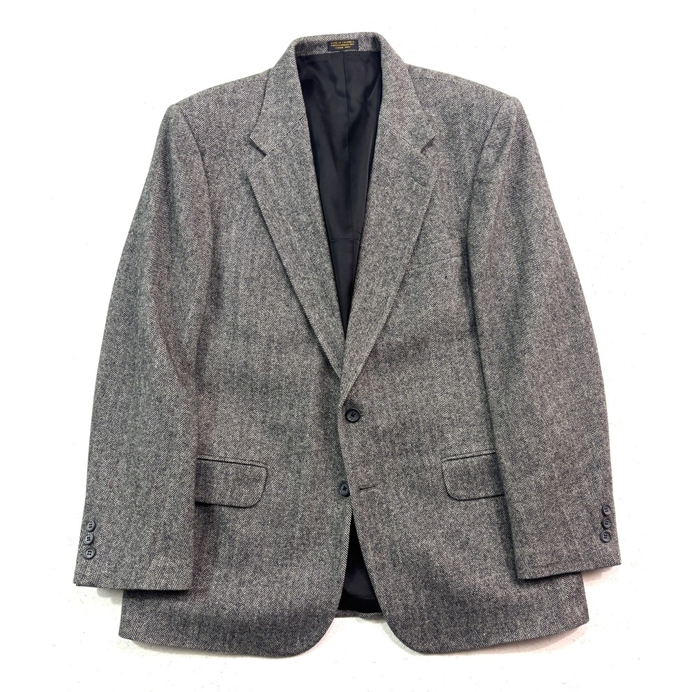 vtg Wool Camel Hair 43R‎ Gray Black Herringbone Tweed Blazer Jacket Sport Coat